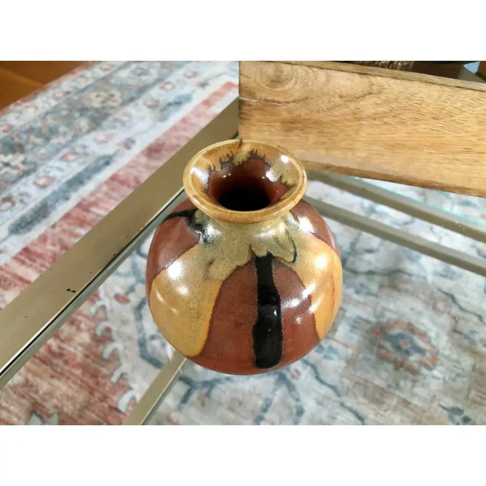 Vintage Handmade Ceramic Bud Vase Brown Beige Drip Glaze Studio Pottery